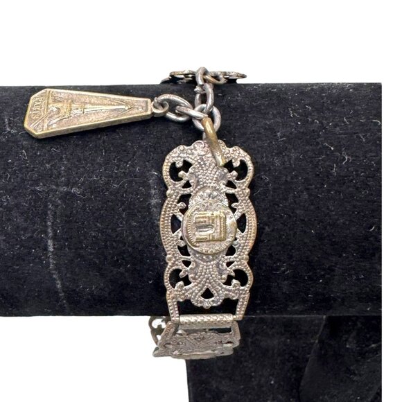 Vintage Paris Eiffel Tower Link Bracelet Landmarks Souvenir 7.5" Silver Filigree - Picture 2 of 12